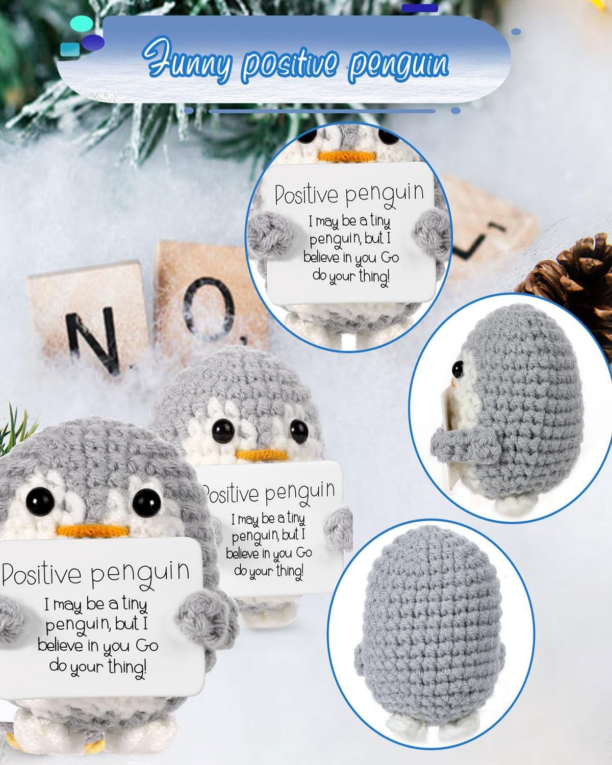 NHCDFA Synthetic Gift, Emotional Support Gift, Gifts For Woman, Funny Crochet Penguin Doll With Positive Message Card, Cute Desk Decor For Home Or Office, Men Women Gifr For Birthday Christmas (Grey)