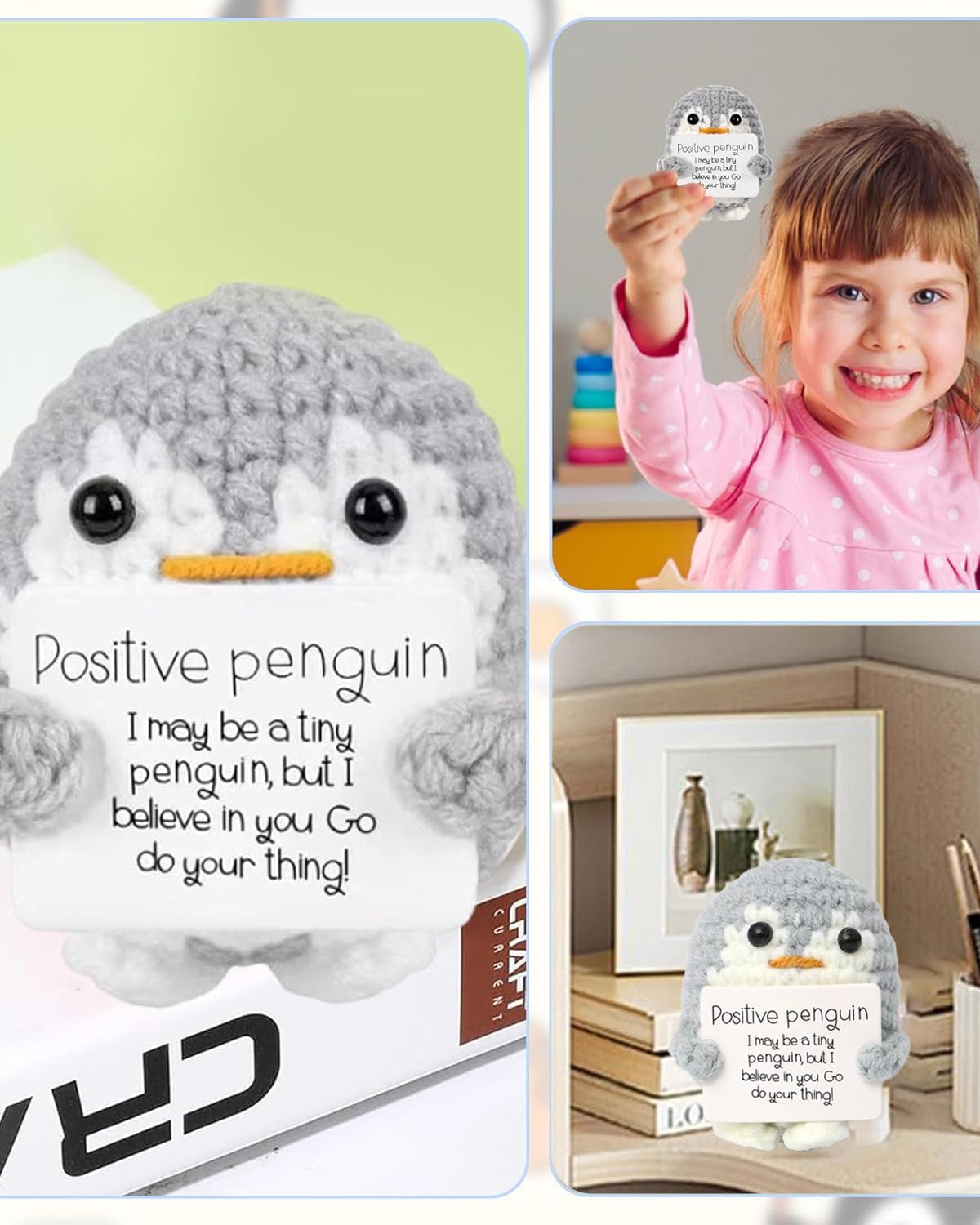 NHCDFA Synthetic Gift, Emotional Support Gift, Gifts For Woman, Funny Crochet Penguin Doll With Positive Message Card, Cute Desk Decor For Home Or Office, Men Women Gifr For Birthday Christmas (Grey)