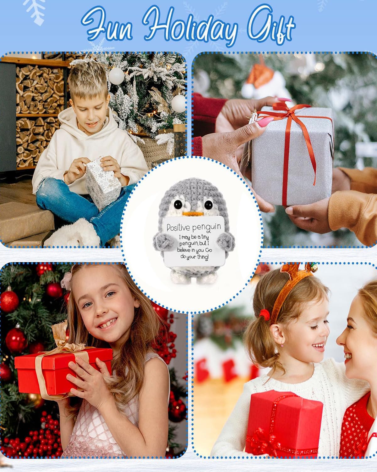 NHCDFA Synthetic Gift, Emotional Support Gift, Gifts For Woman, Funny Crochet Penguin Doll With Positive Message Card, Cute Desk Decor For Home Or Office, Men Women Gifr For Birthday Christmas (Grey)